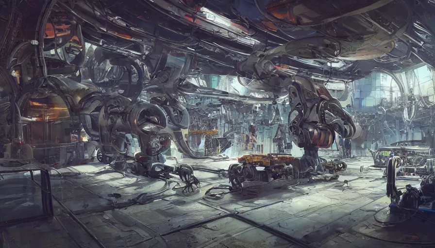 Image similar to the inside of a futuristic mechanic spaceshop coc, highly detailed interior, scrap metal on workbenches, half - finished robot, holographic screen in center frame by peter mohrbacher, cryengine render, hyper realism, realistic shading, cinematic composition, realistic render, octane render, detailed textures, photorealistic, wide shot, fanciful, colorful