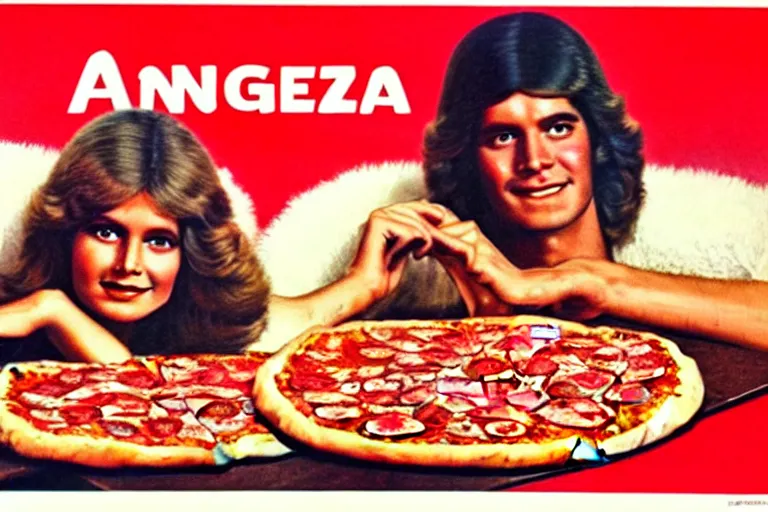 Image similar to 70s, angels, pizza, advertisement