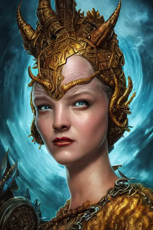 Image similar to A fantasy comic book style portrait painting of Ella Fanning as an Atlantean Reptilian Warrior, Mystical Valkyrie, unreal 5, DAZ, hyperrealistic, octane render, Regal, Refined, Detailed Digital Art, RPG portrait, Michael Cheval, Walt Disney (1937), François Boucher, Oil Painting, Steampunk, dynamic lighting, Highly Detailed, Cinematic Lighting, Unreal Engine, 8k, HD