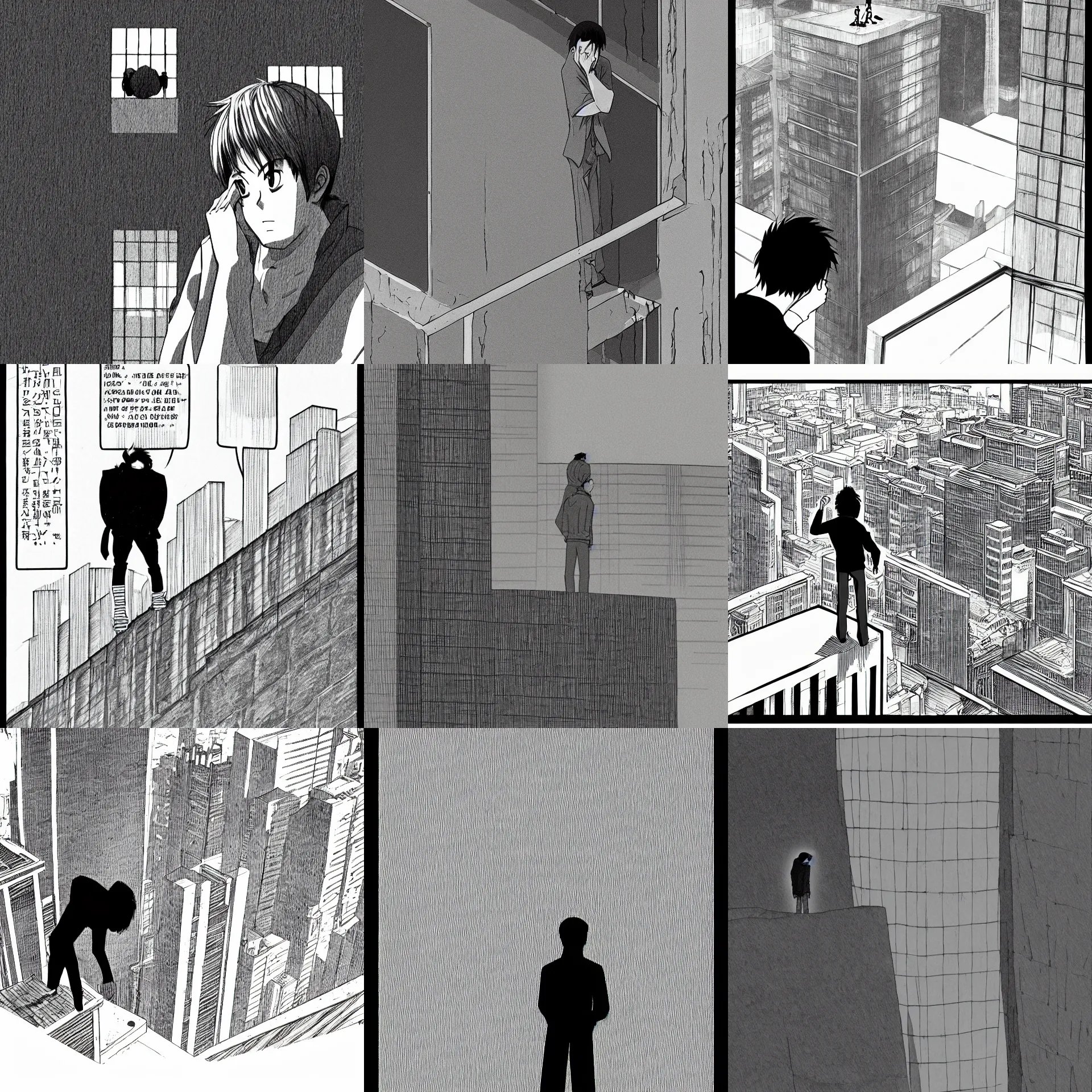 Prompt: a sad man standing at the edge of a very high building, crying, manga style