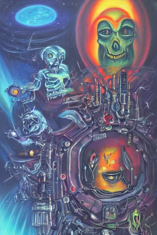 Image similar to haunted sci - fi by jack vance, mike mignogna, lisa frank, highly detailed, vintage dark sci fi, oil painting