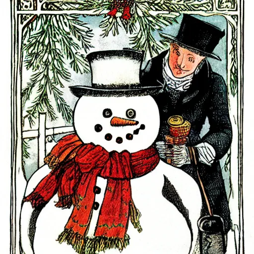 Image similar to victorian snowman illustration full page scan for greeting card by walter crane