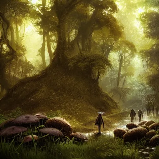 Prompt: tiny mushroom people with mushrooms for heads walking by a stream in a lush forest, dramatic lighting, illustration by Greg rutkowski, yoji shinkawa, 4k, digital art, concept art, trending on artstation
