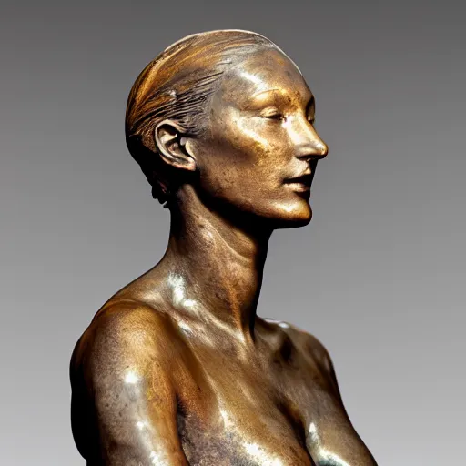 Prompt: detailed photo of an old bronze patina statue of a woman like bella hadid mid body portrait, intricate detail, museum diffuse lighting