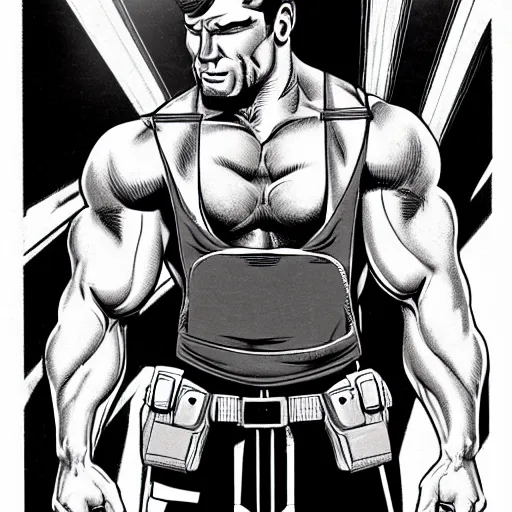Image similar to muscular man wearing a vest, black vest open with no shirt underneath, cargo pants, ammo belt, holding a blaster, long black hair in a ponytail, five o' clock shadow, comic book art, realistic