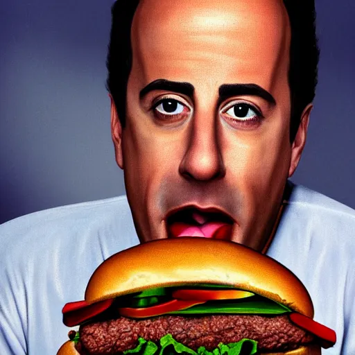 Image similar to hyper realistic portrait of jerry seinfeld eating a disgustingly juicy hamburger