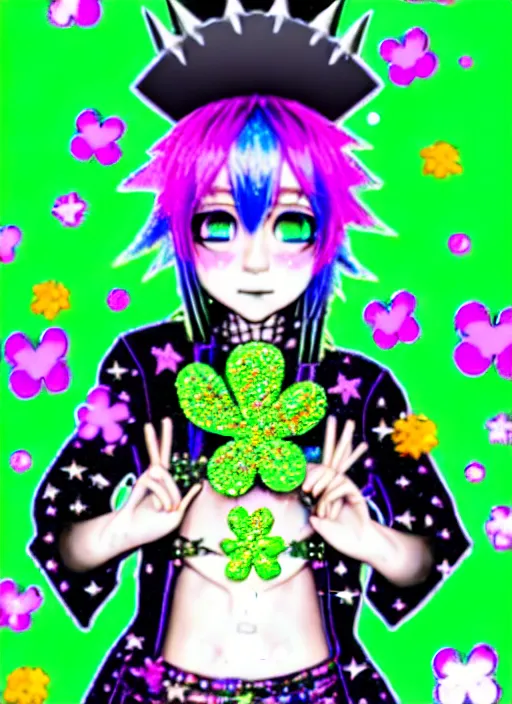 Image similar to a hologram of decora styled green haired yotsuba koiwai wearing a jester hat and gothic spiked jacket, background full of lucky clovers and shinning stars, holography, irridescent, baroque visual kei decora art