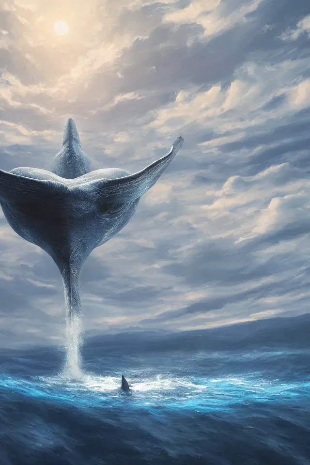 Prompt: a concept scene illustration, depicting a blue whale in the water under the azure ocean, the blue whale crystal texture, dreamy atmosphere ， super wide angle ， matte painting ， rtx on ， trending on cgsociety and artstation ， hyper - realism