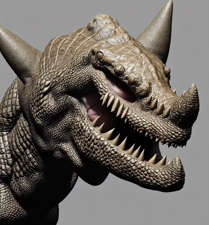 Prompt: antasy creature setting all : crocodile head : : 0. 5 the head has a symmetrical horn and tumor, and there is a rhino horn at the front of the beak, and the mouth is open to reveal a mouth full of fangs with huge wings, full body rich detail realistic photoreal photorealistic octane render 8 k