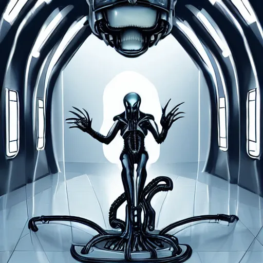 Image similar to Xenomorph with giant creepy eyes, futuristic hallway, dark, eerie
