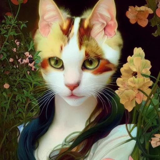 Prompt: portrait of a calico cat!!!!!!!!, calico cat, animal, cat masterpiece, sakimichan!!!!!, Ross Tran, (((Alphonse Mucha)))
