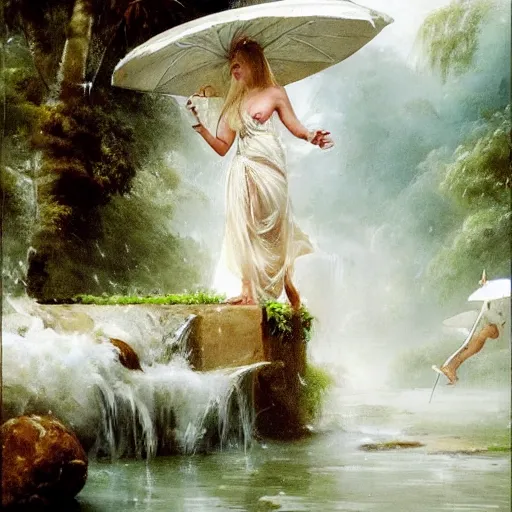 Image similar to monsoon on tropical island, oriental goddess in white, elegant, frontal, ornate, beautiful, atmosphere, vibe, mist, coconuts, rain, wet, pristine, puddles, melting, dripping, snow, creek, lush, ice, bridge, forest, roses, flowers, by stanley artgerm lau, greg rutkowski, francisco de goya