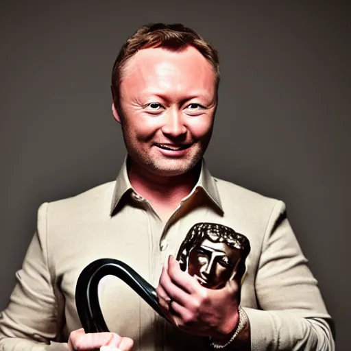 Image similar to limmy brian limond holding bafta award, realistic, long shot, dramatic lighting, hyper realistic, high quality, highly detailed, hd, beautiful, cinematic, 8 k, facial accuracy, symmetrical,
