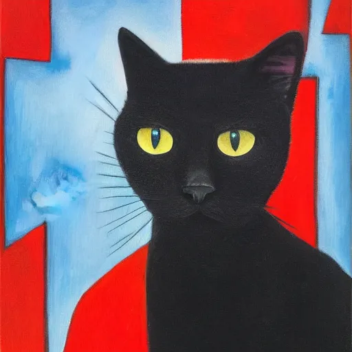 Image similar to black cat with human face in style of Petrov-Vodkin, 4k, hyper realistic,