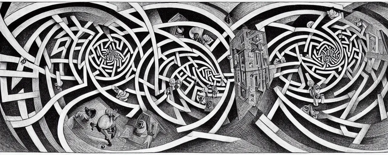 Image similar to The Labyrinth of Time, by M.C. Escher and Jorge Luis Borges