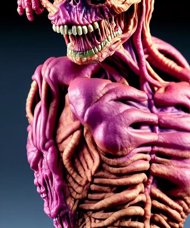 Image similar to hyperrealistic rendering, cronenberg flesh monster skeletor by art of skinner and richard corben and jeff easley, product photography, action figure, sofubi, studio lighting, colored gels