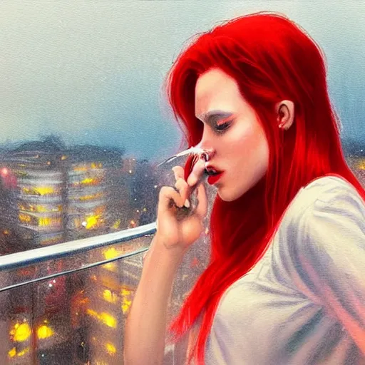 Image similar to a beautiful artwork of a woman with red hair in jeans and a white shirt smoking on the balcony of a hotel at night, top view, cinematic shot, rainy, neon and rainy theme atmosphere by Jerome Opeña, featured on artstation