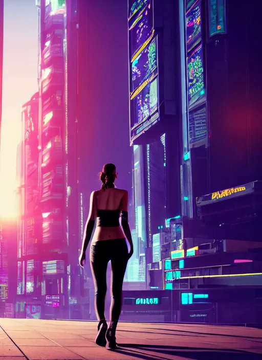 Image similar to photo of a beautiful woman walking through a ( ( ( cyberpunk city ) ) ), full body, hyper realistic, 8 k, dslr, unreal engine, highly detailed portrait