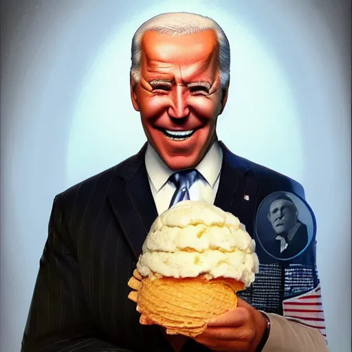 Image similar to obese Joe Biden in a Speedo, holding a gigantic ice cream cone, award winning photo, trending on artstation, 8k