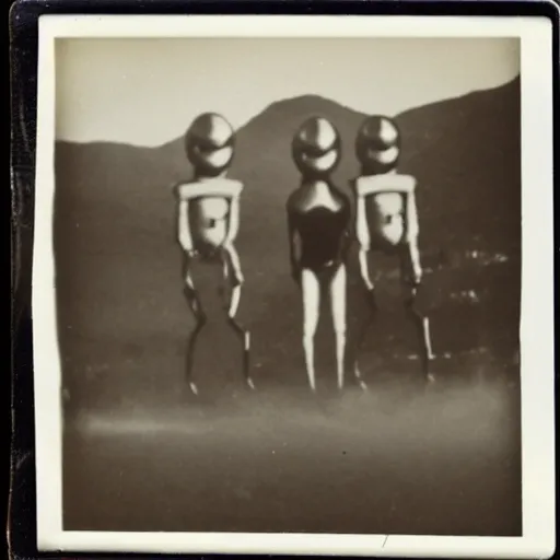 Image similar to polaroid photograph of horrorific extraterrestrial beings visiting earth, 1 9 5 0