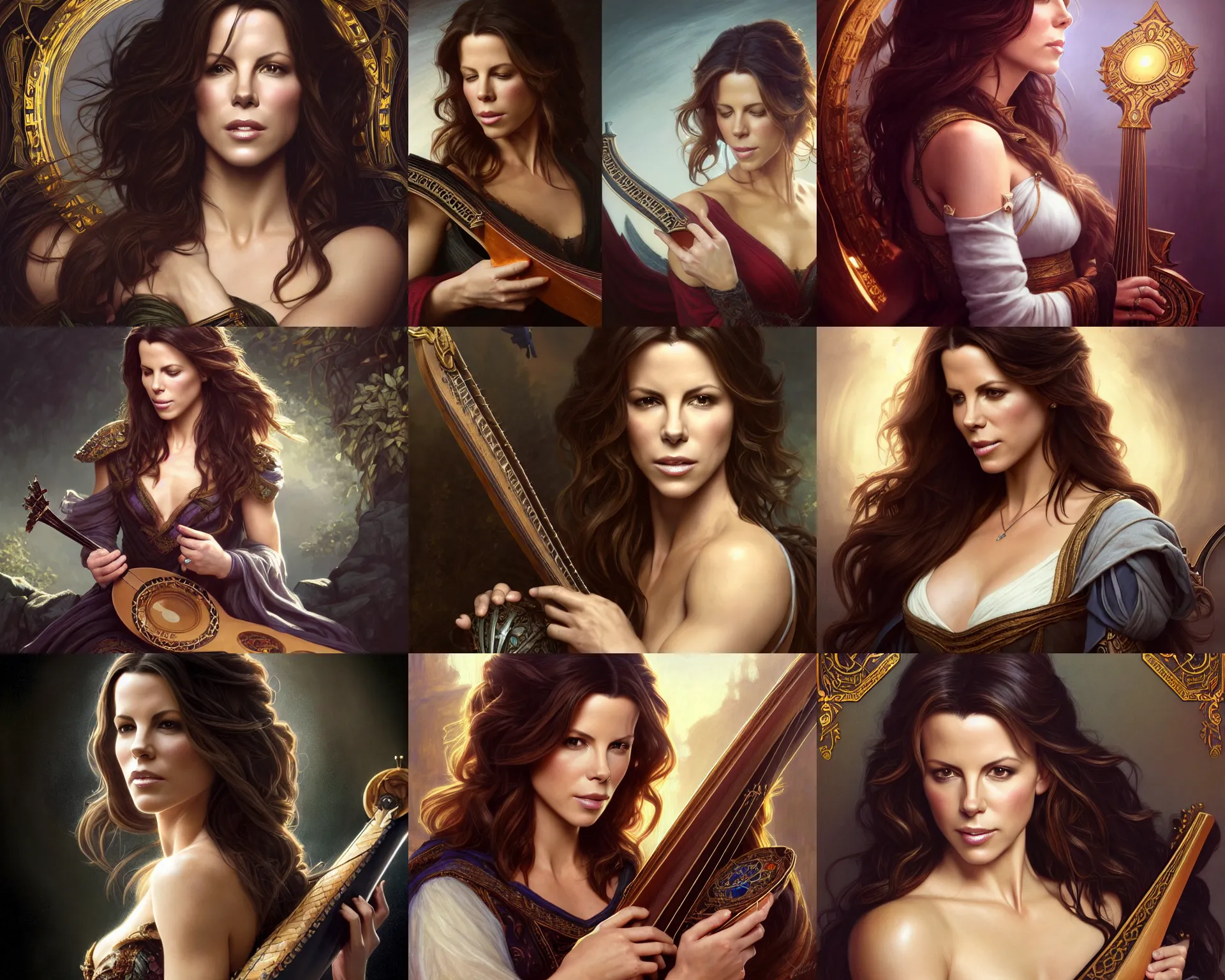 Prompt: photography of kate beckinsale with a lute singing 8 k, deep focus, d & d, fantasy, intricate, elegant, highly detailed, digital painting, artstation, concept art, matte, sharp focus, illustration, hearthstone, art by artgerm and greg rutkowski and alphonse mucha