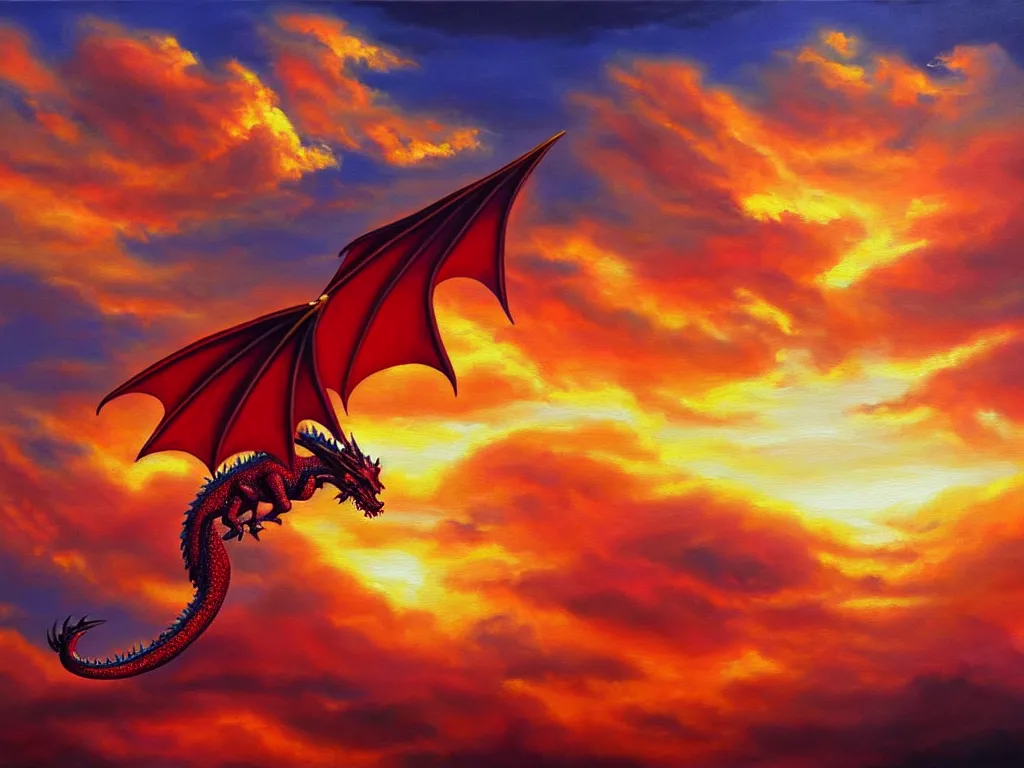 Image similar to A dragon made of rubies and gold flying in sunset clouds, realistic oil painting