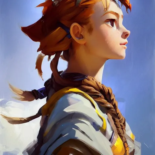 Image similar to greg manchess portrait painting of a aloy as overwatch character, medium shot, asymmetrical, profile picture, organic painting, sunny day, matte painting, bold shapes, hard edges, street art, trending on artstation, by huang guangjian and gil elvgren and sachin teng