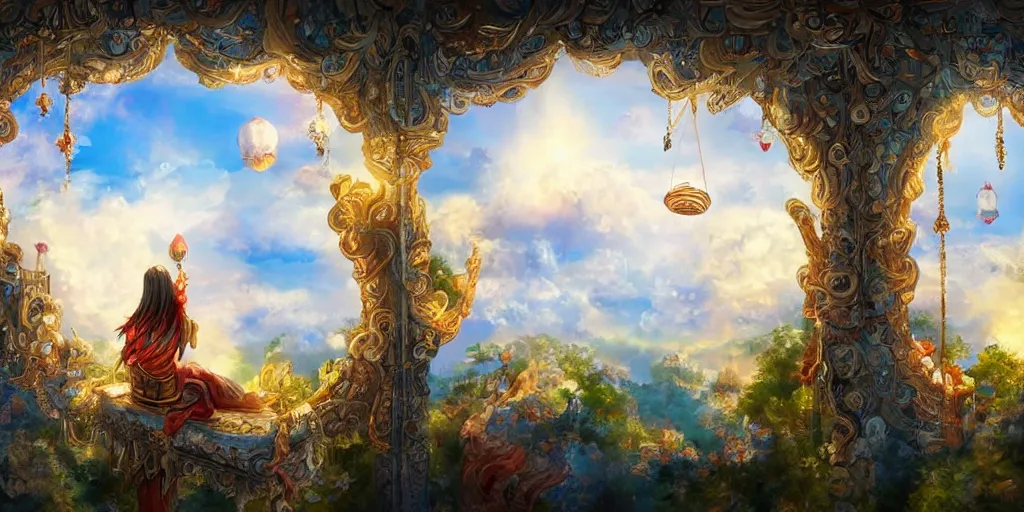 Image similar to painting of wind god enjoying the view from his ornate stone heavenly palace, decorated with windchimes and paper lanterns, nature and clouds in background, digital art, trending on artstation