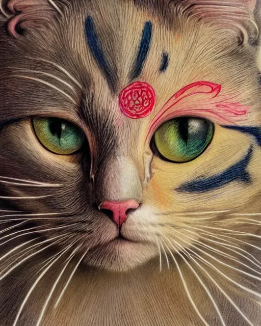 Image similar to close up of a beautiful cat with colourful intricate tattoos, by william - adolphe bouguereau, artistic, intricate drawing, realistic fantasy, extremely detailed and beautiful aesthetic face, 8 k resolution, dramatic lighting