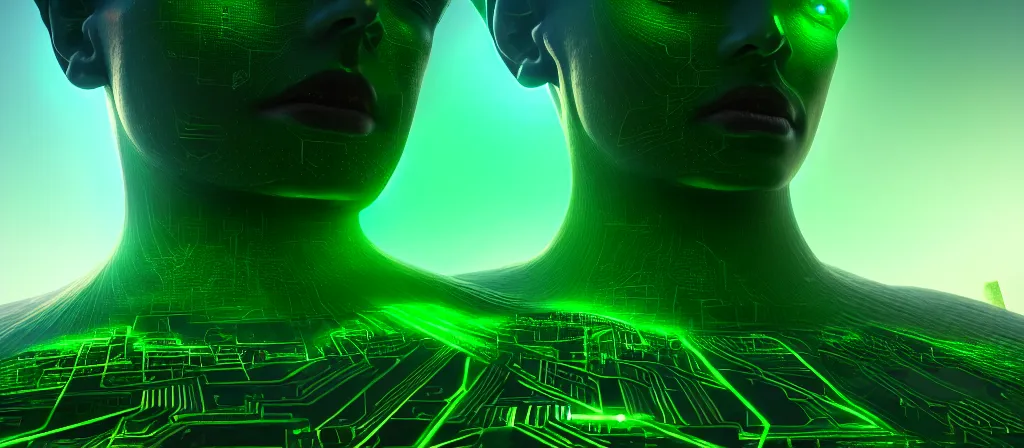 Image similar to the ethereal god of technology close shot the gift of green circuits to humanity. immaculate matte painting. fantastic. velvet and emerald. high key studio lighting. fractal dreams. ancient egypt, trending on artstation, cgsociety, ps 5, uhd 8 k cryengine