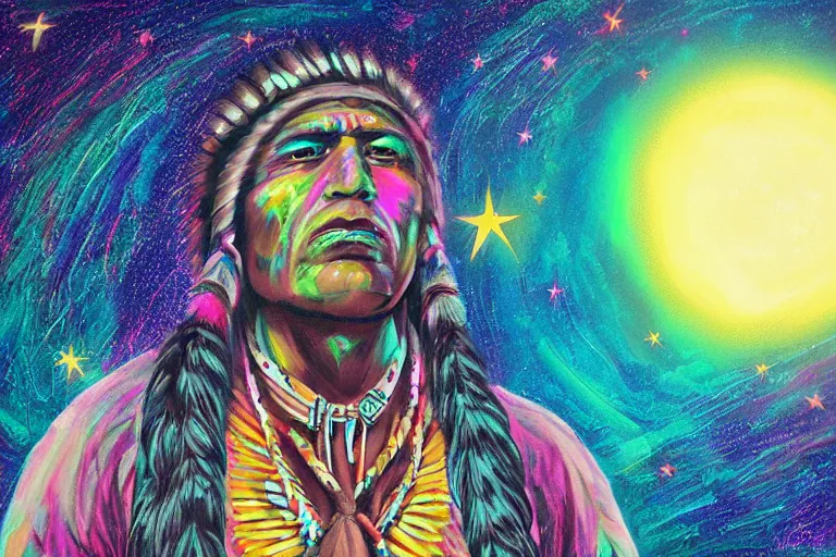 Image similar to digital art of a spiritual native american man looking up at the stars, acrylic art, universe, painting, pastel colors, synthwave, retro, cyberpunk,