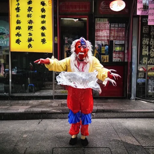 Prompt: “ a crying clown wearing a wig made of chinese food. he is standing outside of chinatown during a rainstorm. ”