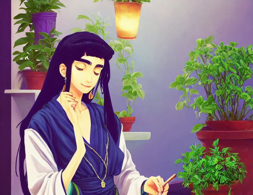 Image similar to middle eastern scifi alchemist in a well lit study with potted plants, wearing a lovely dress with vaporwave details. this oil painting by the award - winning mangaka has an interesting color scheme and impeccable lighting.