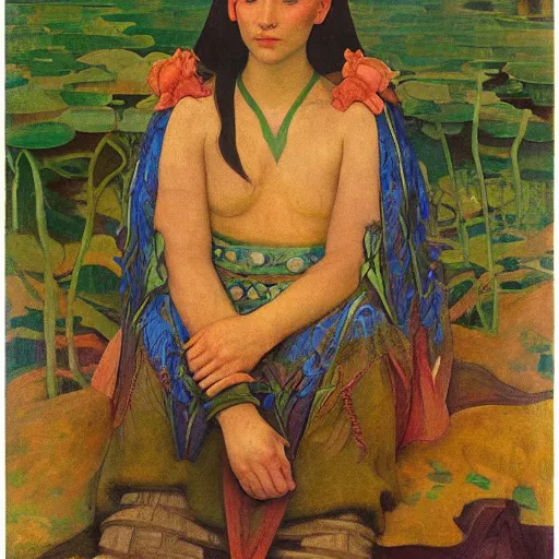 Image similar to the river crown, by Annie Swynnerton and Nicholas Roerich and Diego Rivera, green skin, elaborate costume, geometric ornament, rich color, dramatic cinematic lighting, smooth, sharp focus, extremely detailed