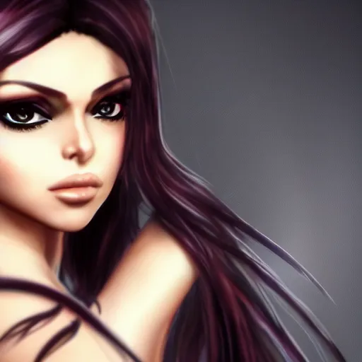 Prompt: portait of haifa wehbe, long hair centred, hd, very detailed curve, unreal engine, mikasa ackerman style, amazing background, rending artstation