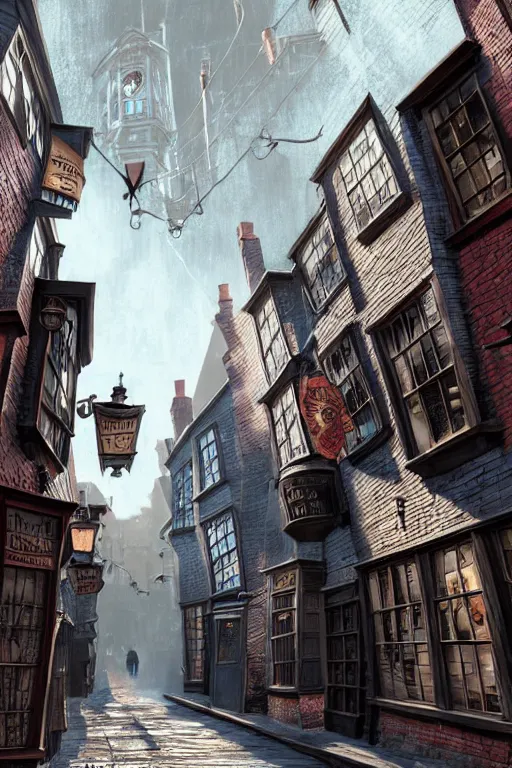 Image similar to a beautiful woodcut print of diagon alley, 8 k, frostbite 3 engine, cryengine, dof, trending on artstation, digital art, crepuscular ray, art by fossi _ images and tugboat printshop