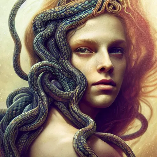 Image similar to Mythical petrifying Medusa with real swirling snakes for hair portrait, atmospheric lighting, painted, intricate, volumetric lighting, beautiful, rich deep colors masterpiece, golden hour, sharp focus, ultra detailed, by Leesha Hannigan, Ross Tran, Thierry Doizon, Kai Carpenter,Ignacio Fernández Ríos