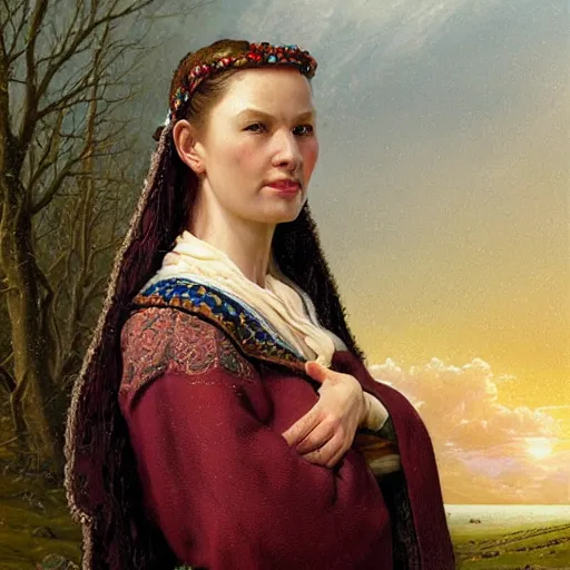 Image similar to portrait of a frisian woman ( 3 5 ) from magna frisia, fryslan, an oil painting by ross tran and thomas kincade