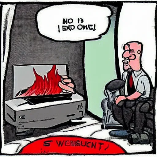 Prompt: A man watches TV not caring about the fact his house is on fire, funny, political cartoon, detailed