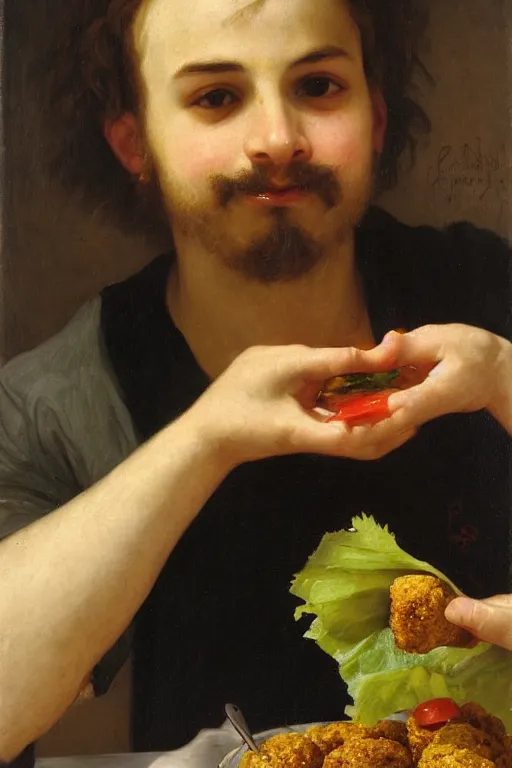 Image similar to portrait of a young Israeli man eating falafel, bouguereau