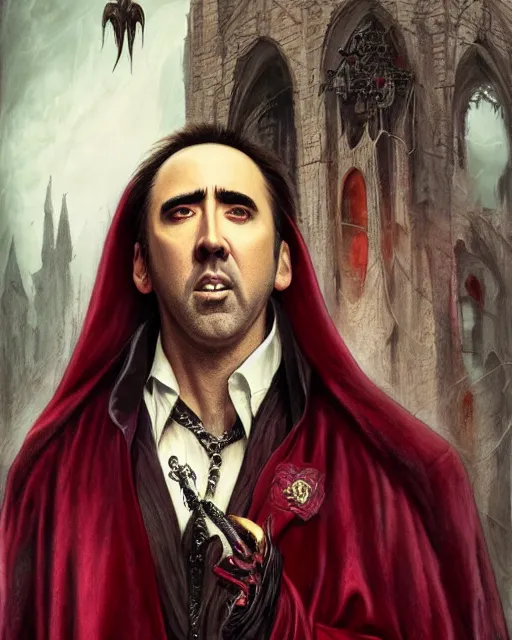 Image similar to nicolas cage as dracula, drink blood, highly detailed, centered, artstation, concept art, smooth, sharp focus, illustration, bokeh art by artgerm and donato giancola and joseph christian leyendecker