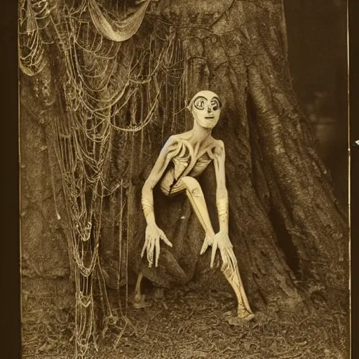 Image similar to 1860 photo of an old freak show body spider-woman, on the middle of a forest, spooky , veins, arteries, intricate, golden ratio, full frame, elegant, highly detailed, ornate, ornament, sculpture, elegant , luxury, beautifully lit, ray trace, 3d, PBR