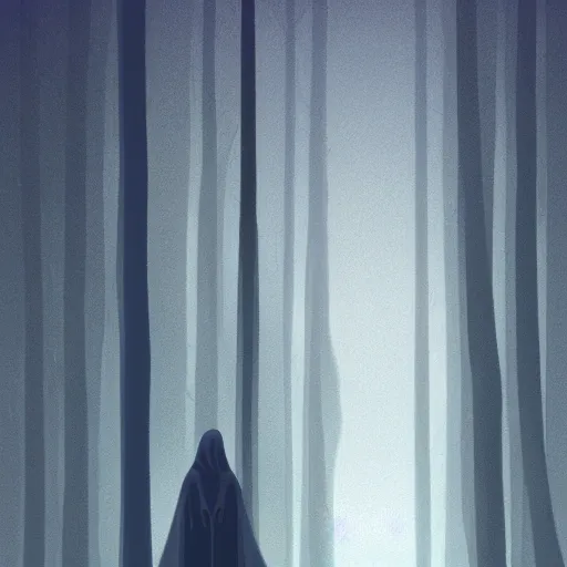 Image similar to a close shot of a grim reaper standing in a forest by studio ghibli, detailed, gloomy, digital art,