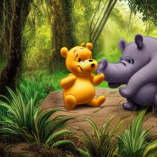 Prompt: Winnie the Pooh kissing a hippo in the jungle. Sony a7r IV, symmetric balance, polarizing filter, Photolab, lightroom, 8k, award-winning