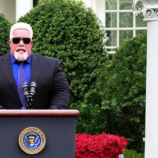 Prompt: realistic photo of big poppa pump scott steiner with no shirt and a chainmail coif standing behind the podium during a press conference at the white house rose garden