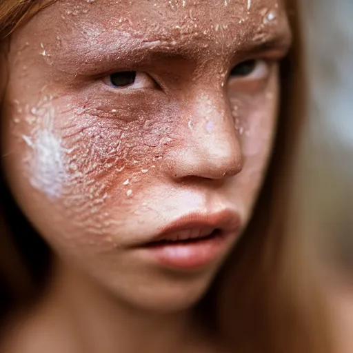 Prompt: close - up portrait of a human, extremely flaky skin, photograph, 8 0 mm focus, extremely detailed, ambiance