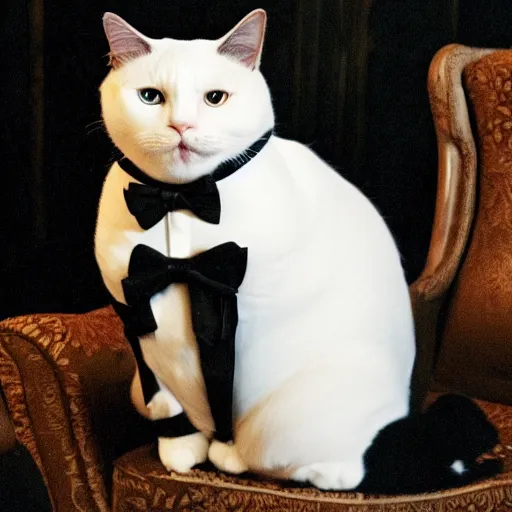 Image similar to a very fat and judgmental cat wearing a full tuxedo, sitting in a dimly lit parlor lounge, photograph!