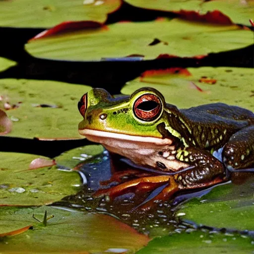 Prompt: close - up of a frog wearing a small crown, in the pond with water lilies, shallow depth of field, highly detailed, autumn, rain, bad weather, ominous, digital art, masterpiece, matte painting, sharp focus, matte painting, by isaac levitan, by monet, asher brown durand,