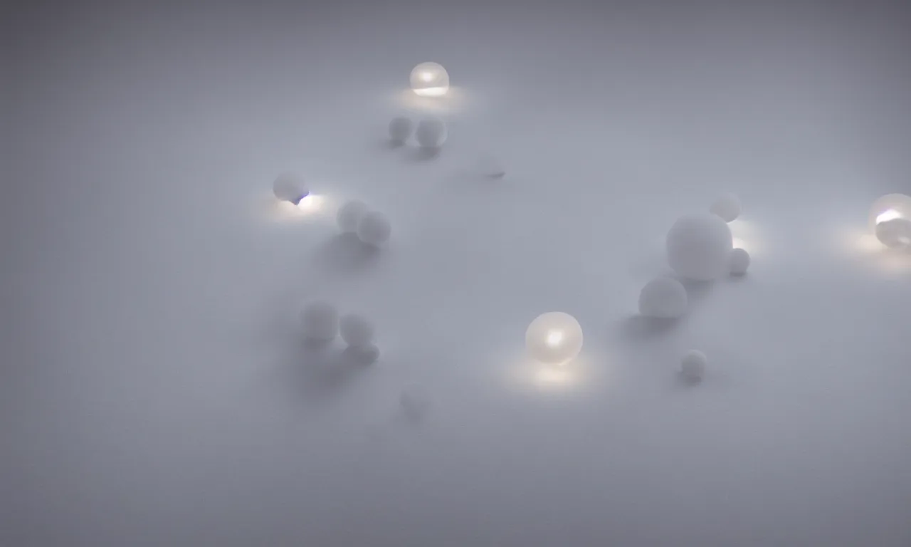 Image similar to soft vellum bedding floating in the void, comforter lobes stretched taught in places and bunched up in places, ambient occlusion, 1/40mm f/1.4 photograph of thick dough made out of aerogel, pinned together with a 2-3 softly luminous spheres pinning distant areas together, stark sunrise lighting, mound of perfect laundry floating in space