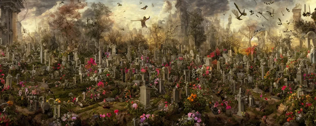 Prompt: 'Life from death' An aesthetic horror baroque painting depicting 'A graveyard with plants and flowers growing, birds and insects flying around' by Wayne Barlowe and Jan Brueghel the Elder, Trending on cgsociety artstation, 8k, masterpiece, cinematic lighting, vibrant colors.